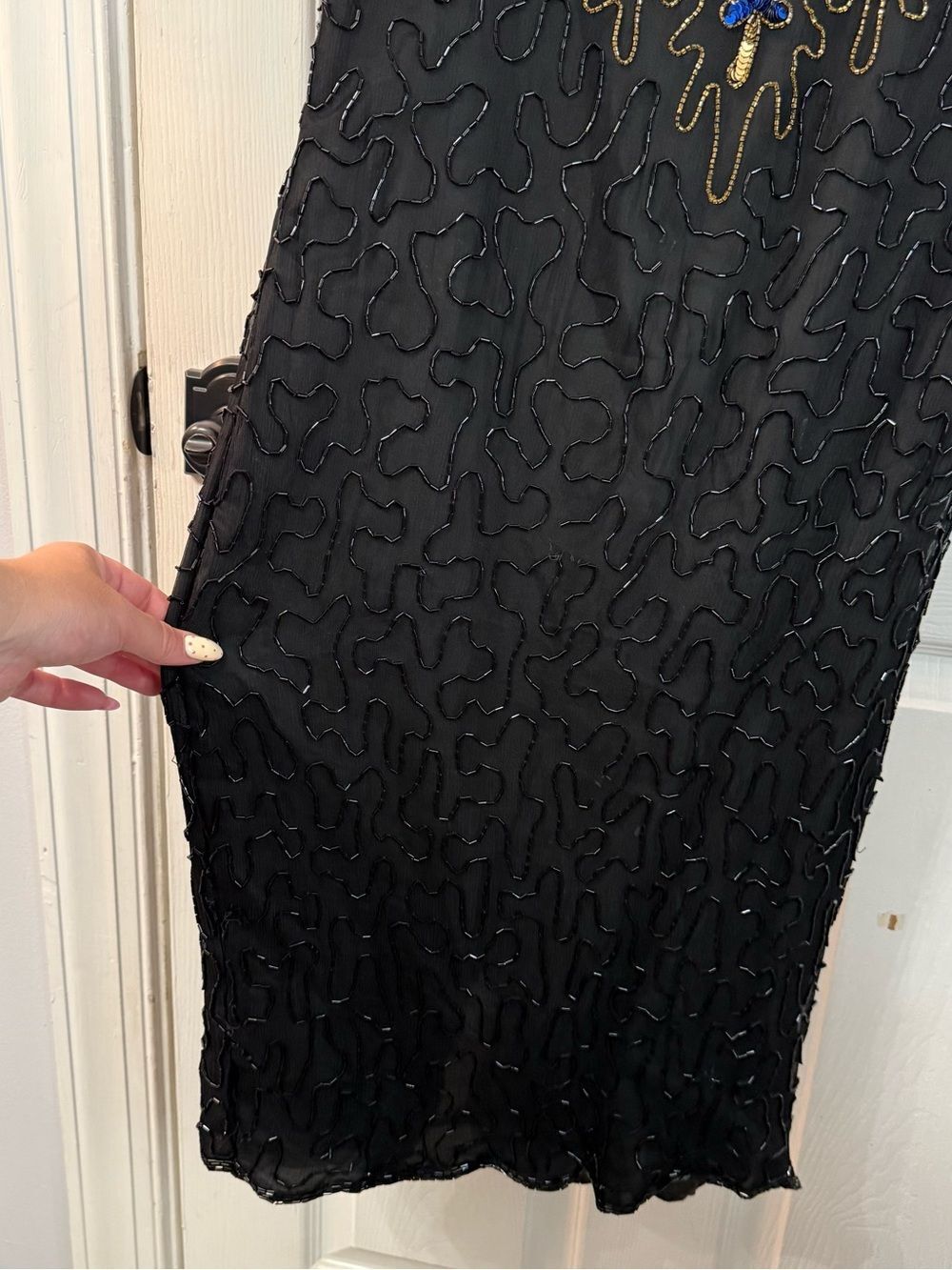 Vintage Embellished Black Cocktail Dress w/ Multicolor Floral Beading NYE Dress - Picture 6 of 15